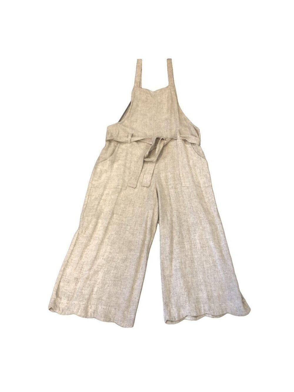 Monteau size L linen blend oatmeal color jumpsuit cropped summer wide leg - Picture 2 of 7
